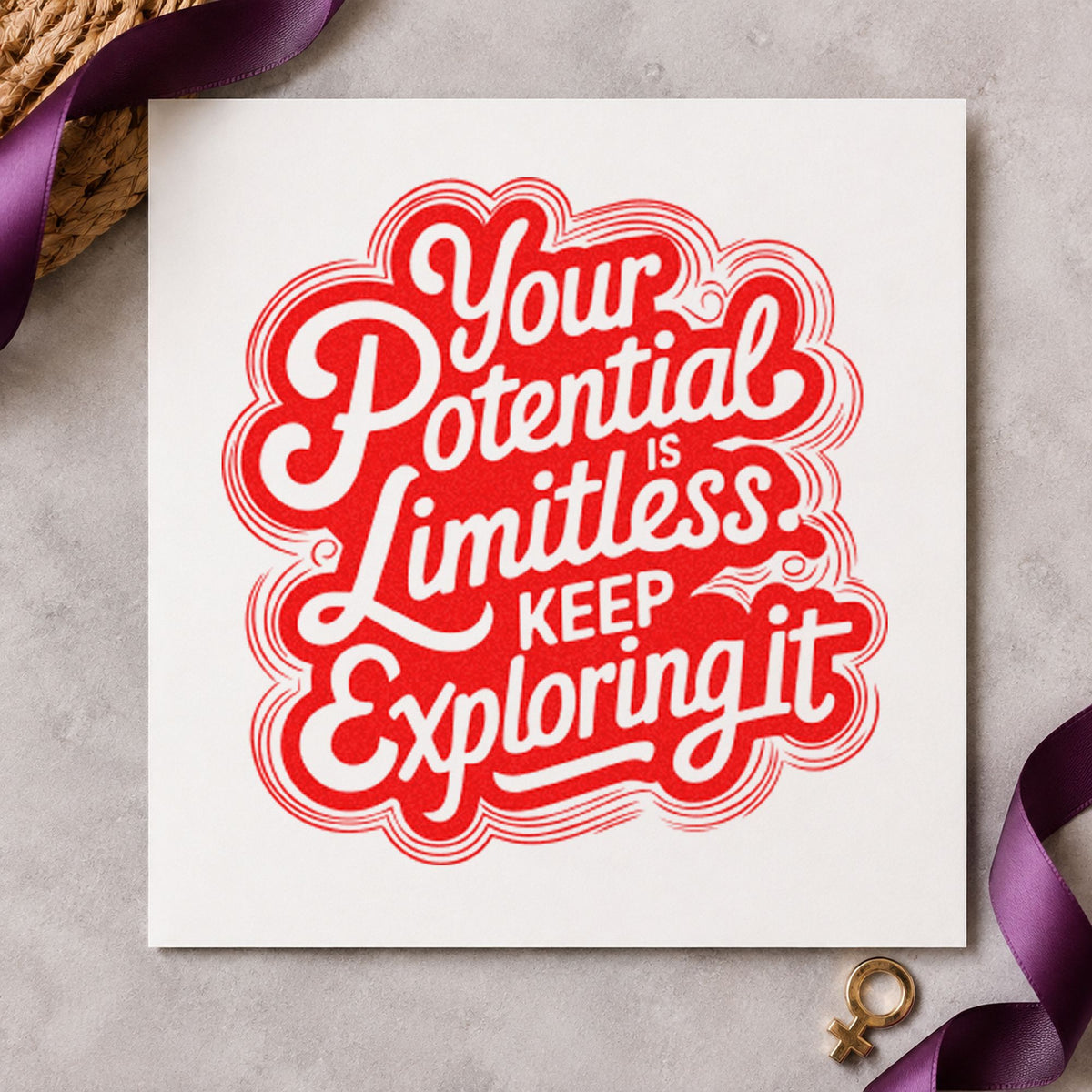 Your Potential Limitless Explore craft stamp imprint in red ink on a handmade project, one idea being phrase drill cards.