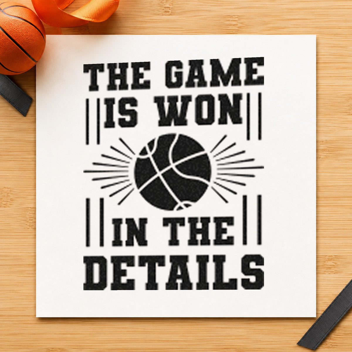 Game Won In Details craft stamp in black ink on cardstock, an easy option for locker room signs.