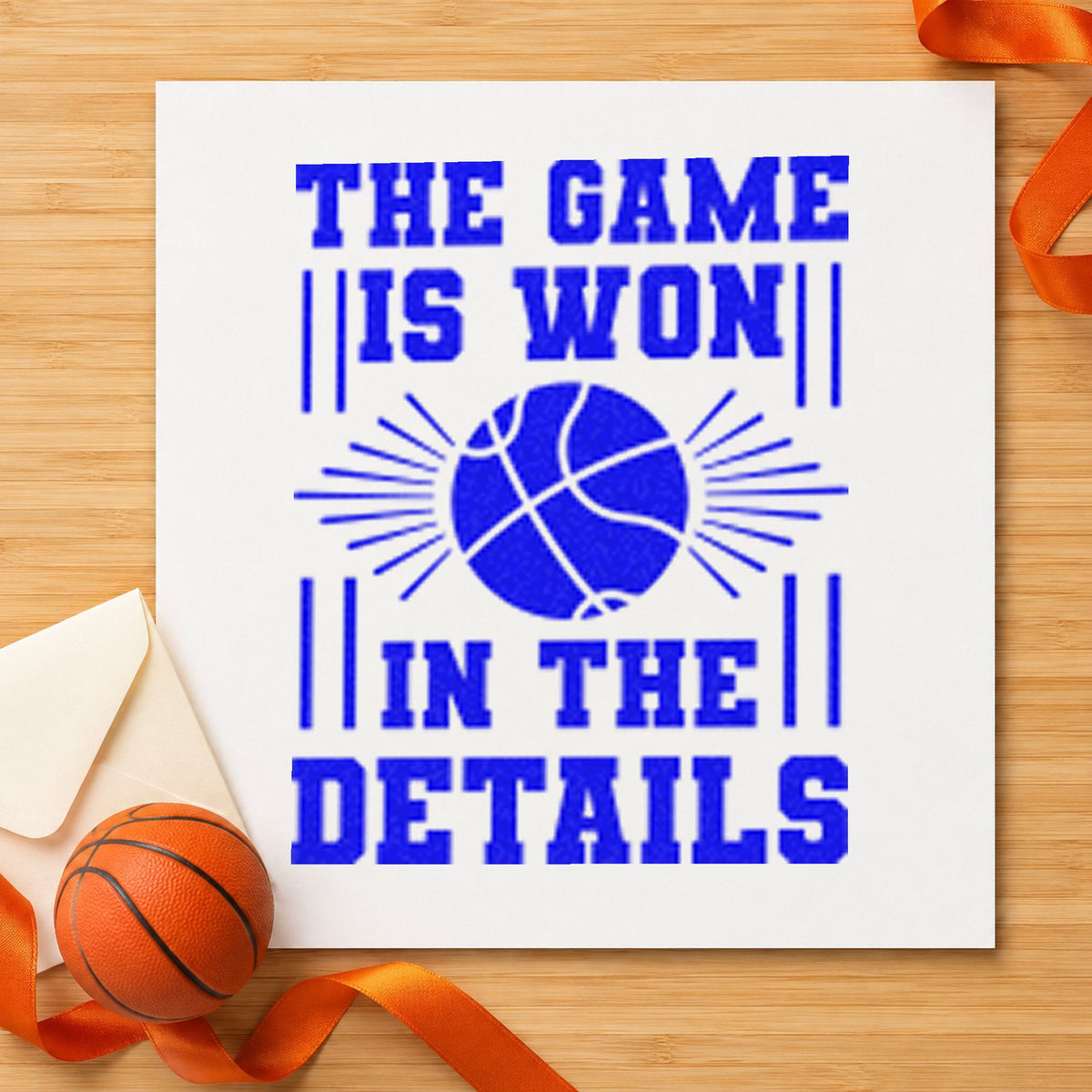 Game Won In Details craft stamp in blue ink on cardstock, an easy option for water bottle tags.