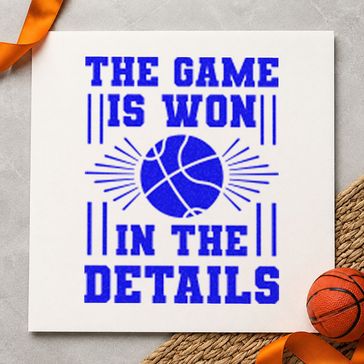 Game Won In Details craft stamp imprinted in blue ink on paper, a design suited to senior night gifts.