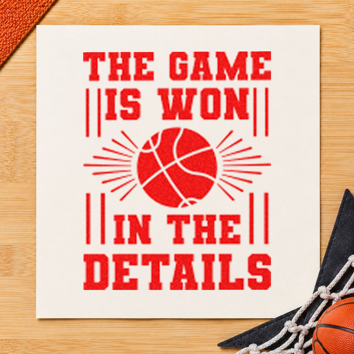 Game Won In Details rubber stamp shown in red ink, stamped for projects such as training journal pages.