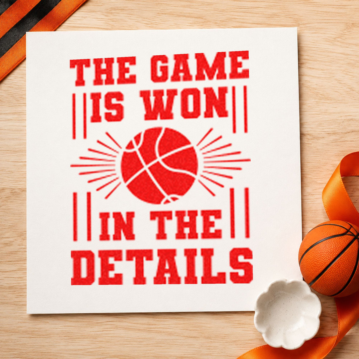 Game Won In Details craft stamp imprint in red ink on a handmade project, one idea being coach appreciation frames.