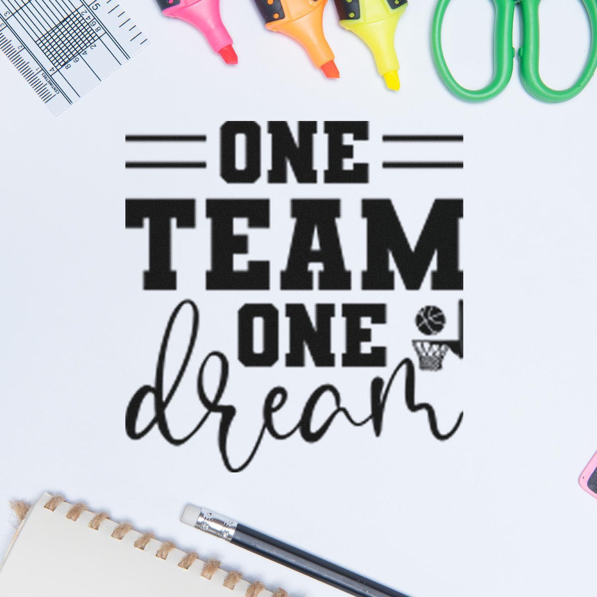 Custom stamp and seal design reading One Team One Dream in black, with colorful craft tools on a white background.