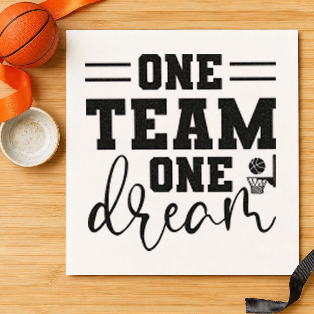 One Team One Dream craft stamp imprint in black ink on a handmade project, one idea being snack duty gift tags.