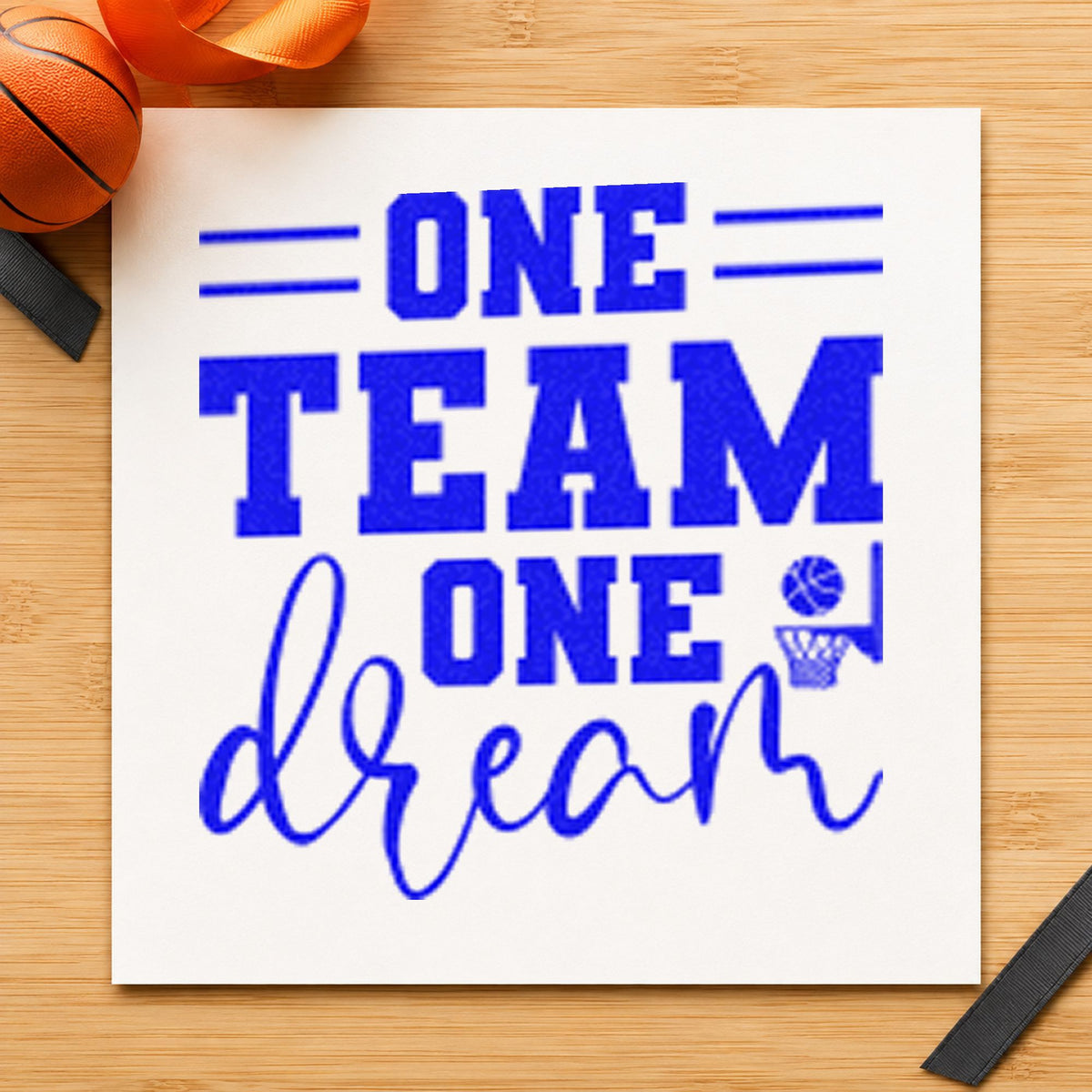 One Team One Dream craft stamp in blue ink on cardstock, an easy option for bench banner printing.