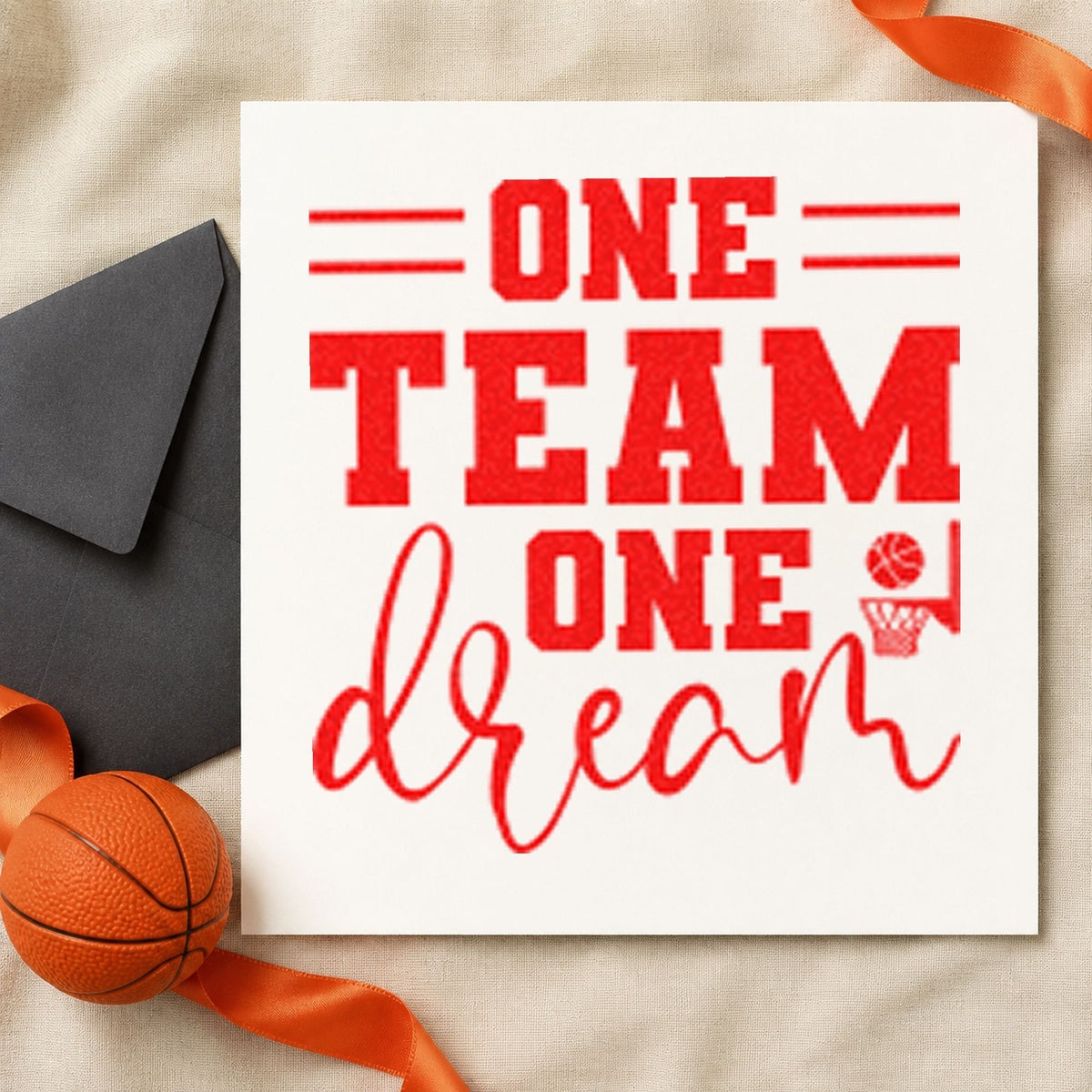 One Team One Dream rubber stamp shown in red ink, stamped for projects such as bin bib labels.