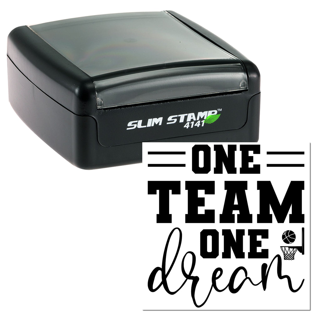 Black slim self-inking stamp and seal with bold ONE TEAM ONE dream lettering