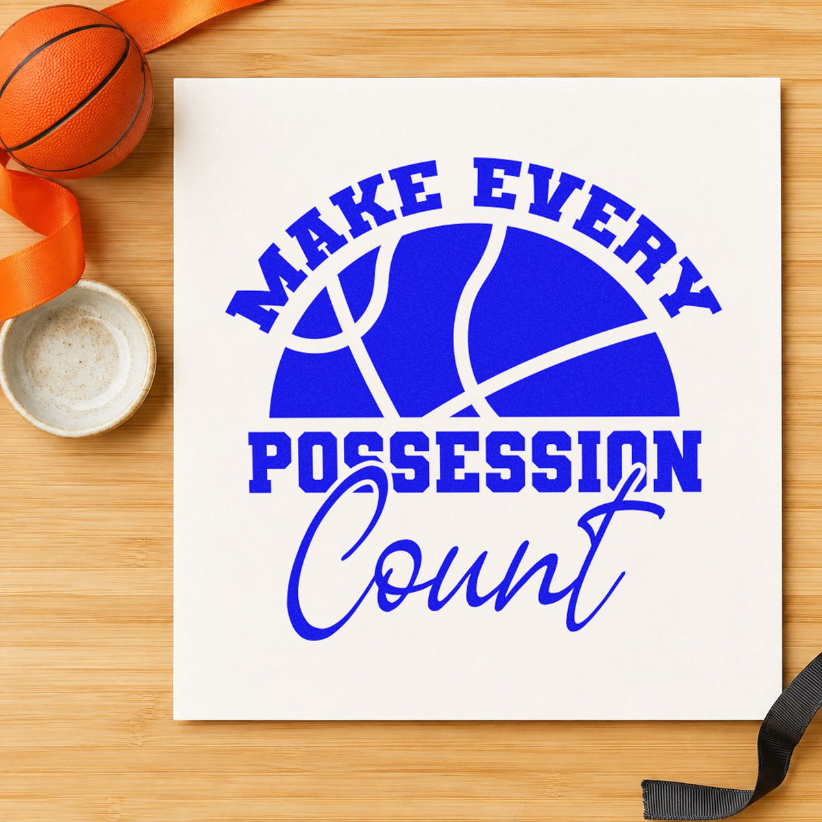 Make Every Possession Count craft stamp imprinted in blue ink on paper, a design suited to framed gym tunnel.