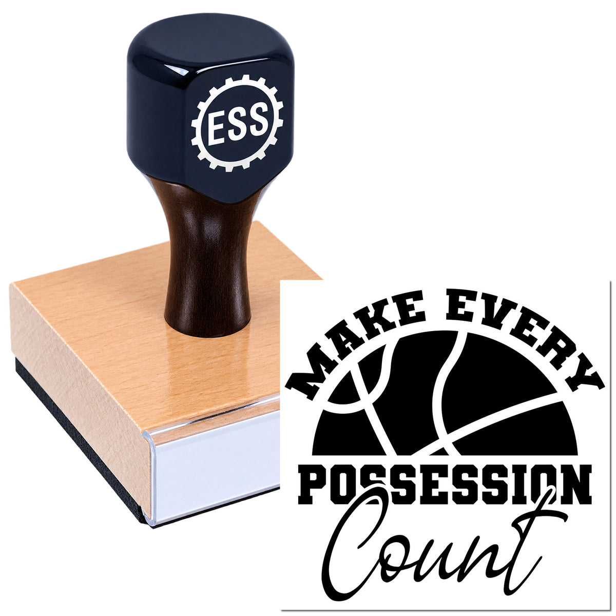 Black ESS rubber stamp on tan block with basketball seal design and "Make Every Possession Count" graphic.