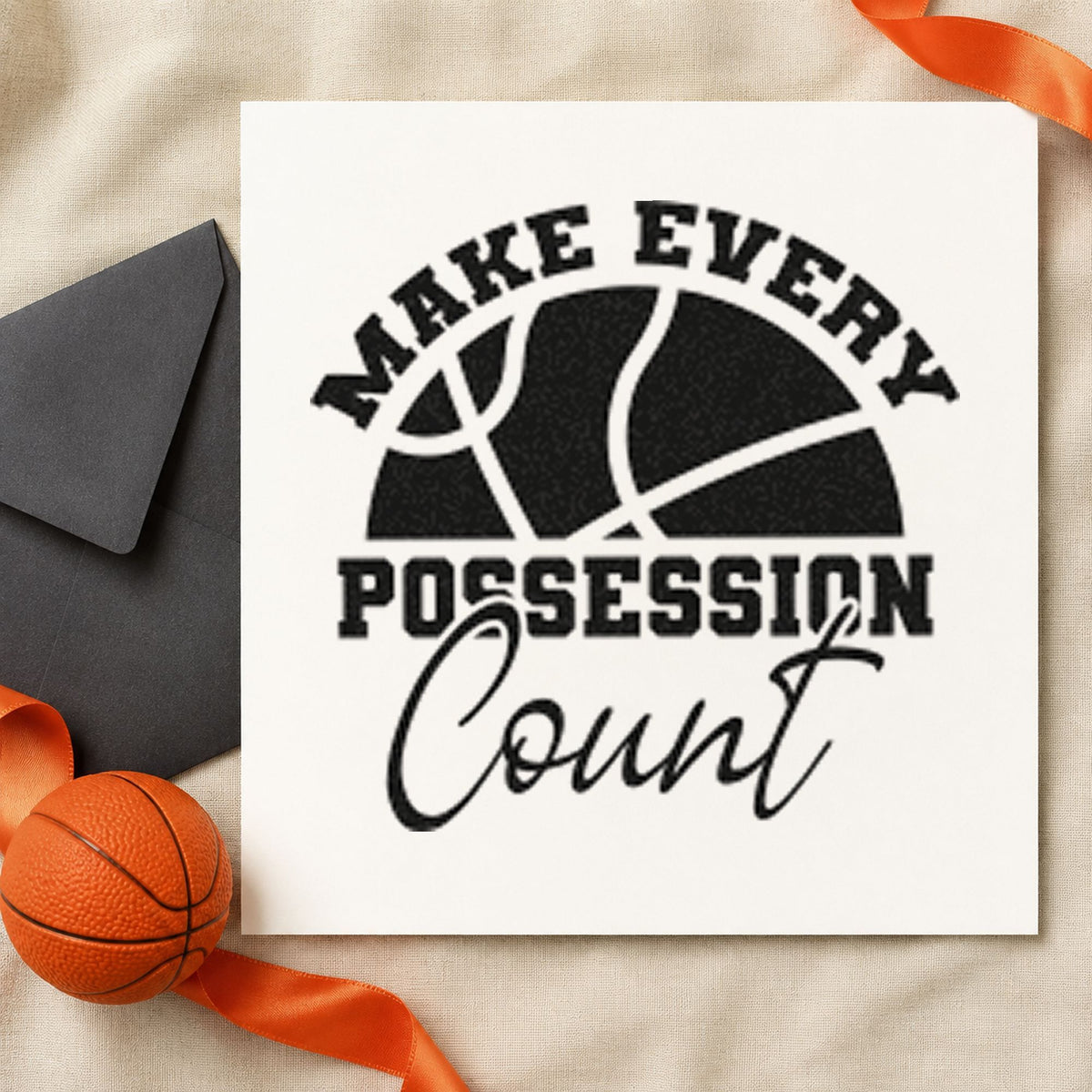 Every Possession Count Basketball craft stamp in black ink on cardstock, an easy option for travel album page.