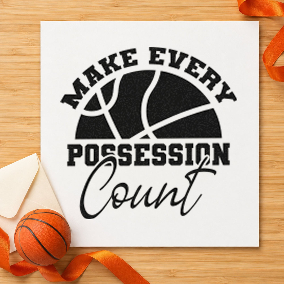Every Possession Count Basketball craft stamp imprint in black ink on a handmade project, one idea being road bag gift tags.
