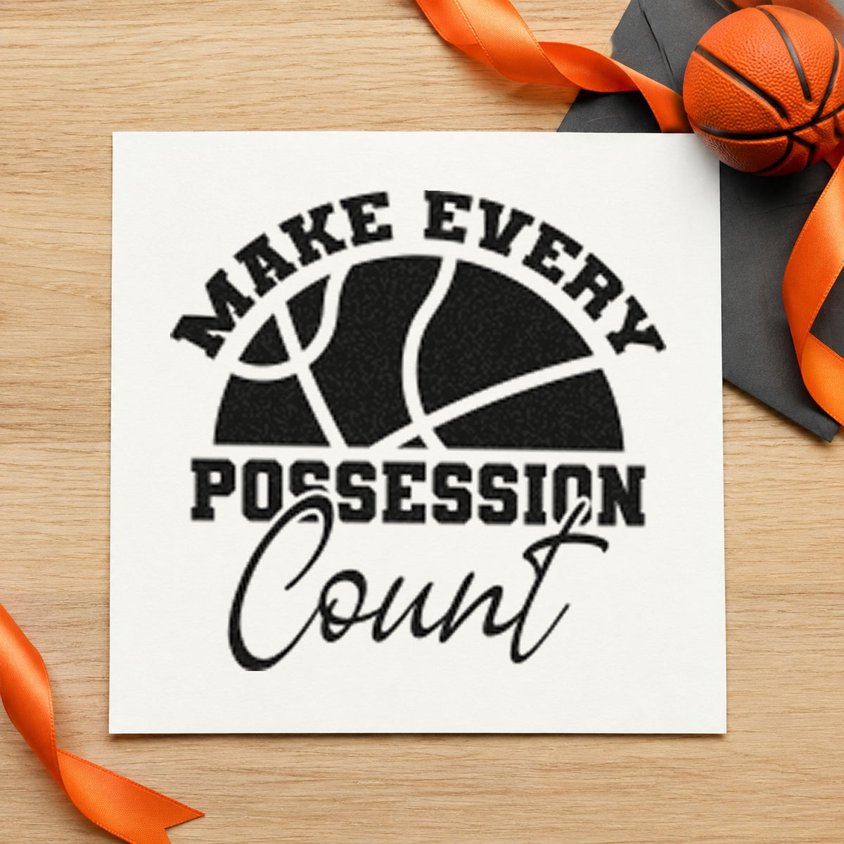 Every Possession Count Basketball rubber stamp printed in black ink, ready for arched ball cards and similar paper crafts.