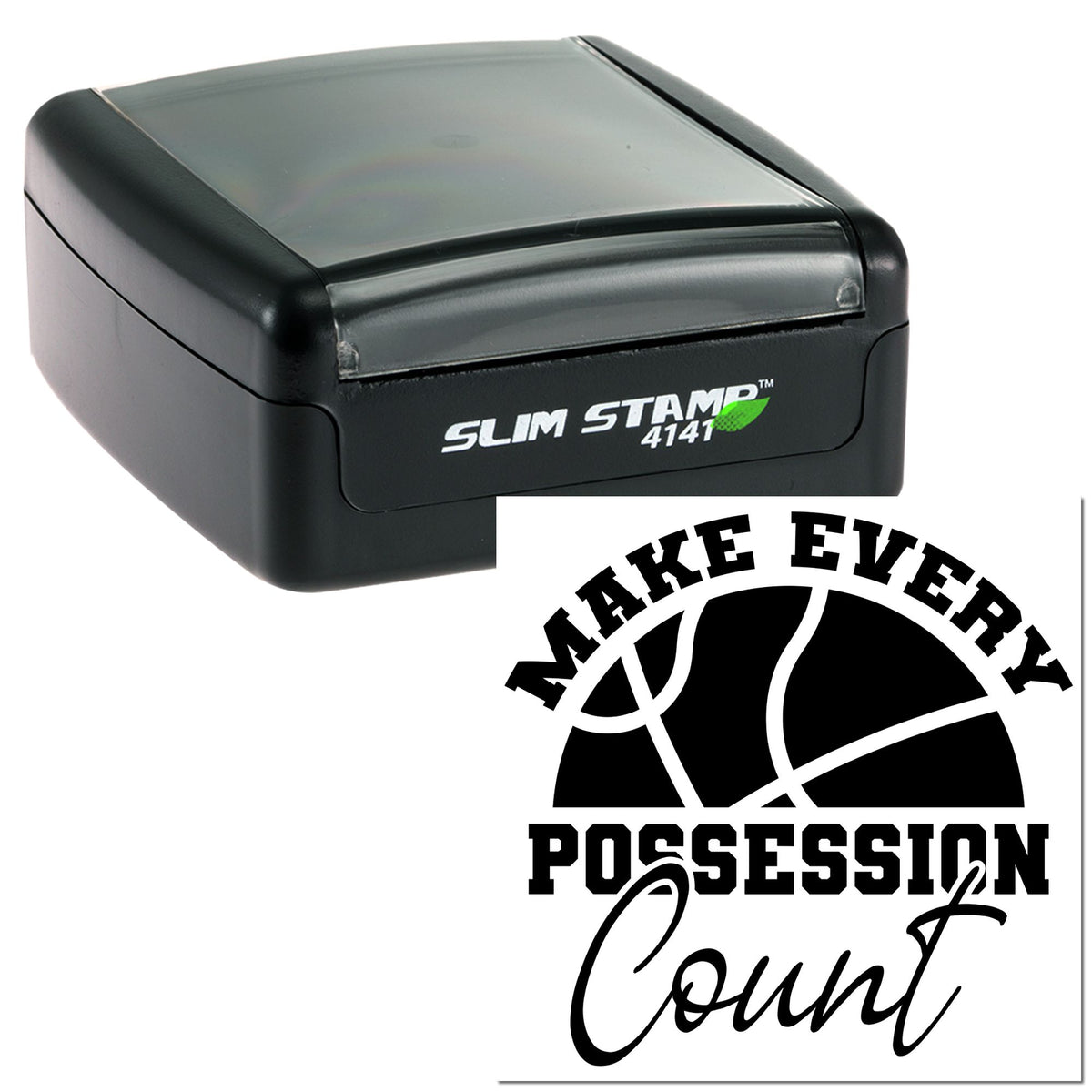 Black self-inking stamp with gray lid beside a custom basketball seal reading Make Every Possession Count