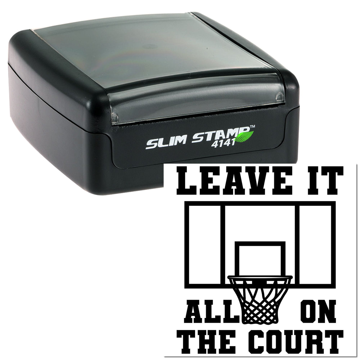 Black Slim Stamp 4141 self-inking stamp with basketball court graphic and Leave It All on the Court text.