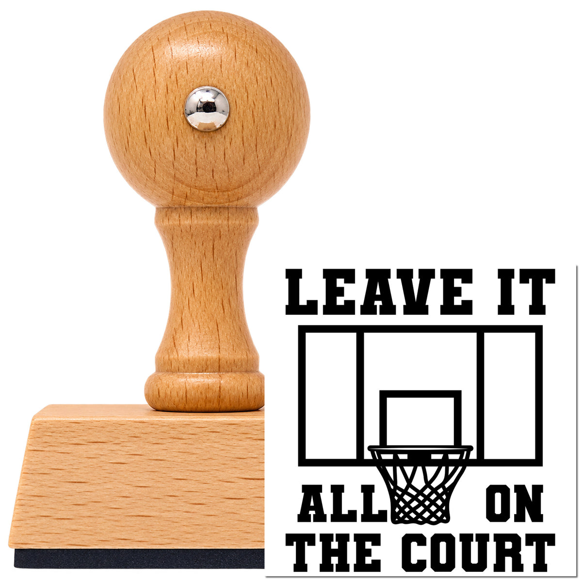Vintage Pro beech wood stamp with a round knob handle, shown with its black Leave All On Court imprint on white.