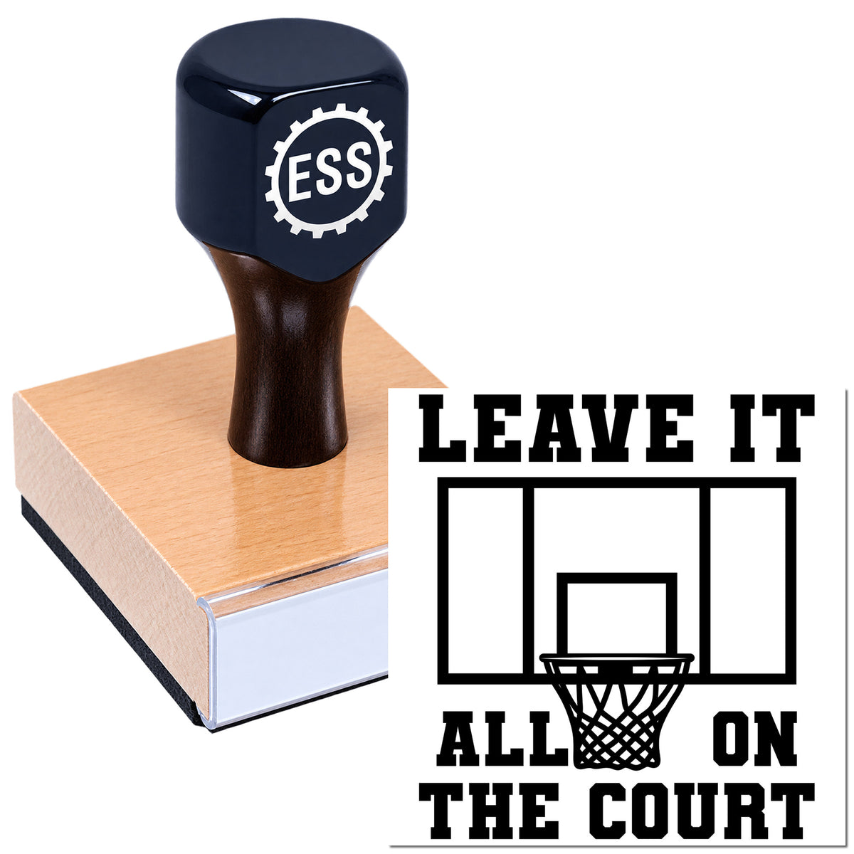 Black ESS rubber stamp and seal on a pink wooden base, with basketball hoop graphic and "Leave It All on the Court" text.