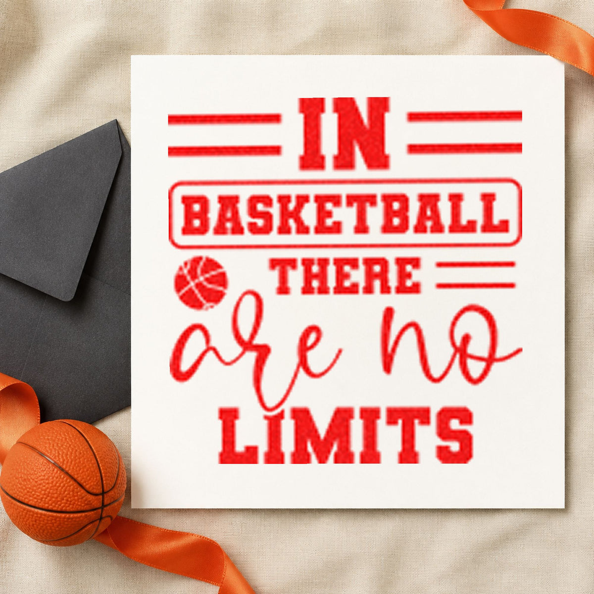 Basketball Has No Limits craft stamp imprint in red ink on a handmade project, one idea being game rule cards.