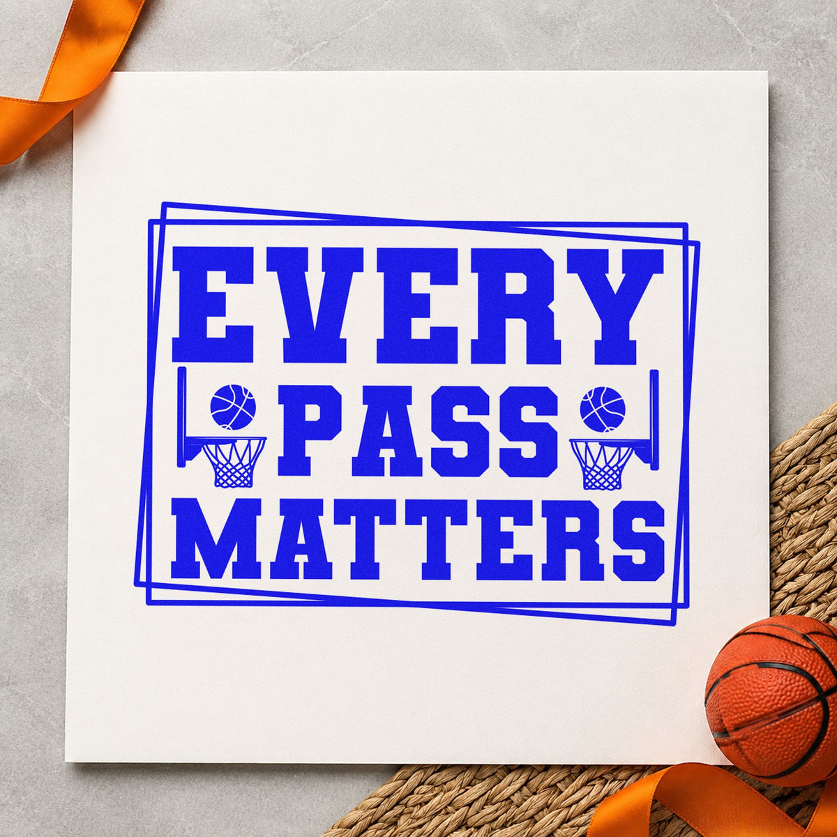 Every Pass Matters Frame craft stamp in blue ink on cardstock, an easy option for practice tee printing.