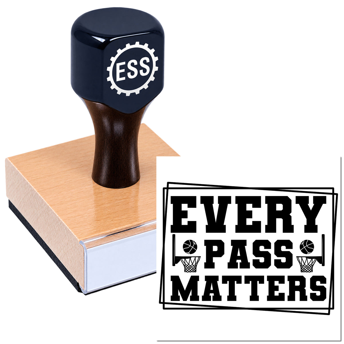 Dark blue ESS stamp on copper block beside black Every Pass Matters basketball seal on white.