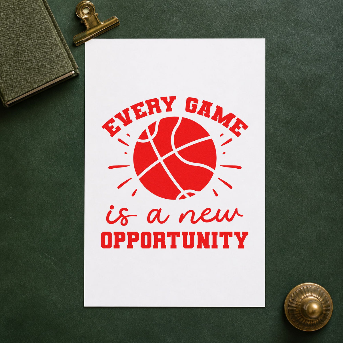 Every Game New Opportunity rubber stamp shown in red ink, stamped for projects such as bin court labels.