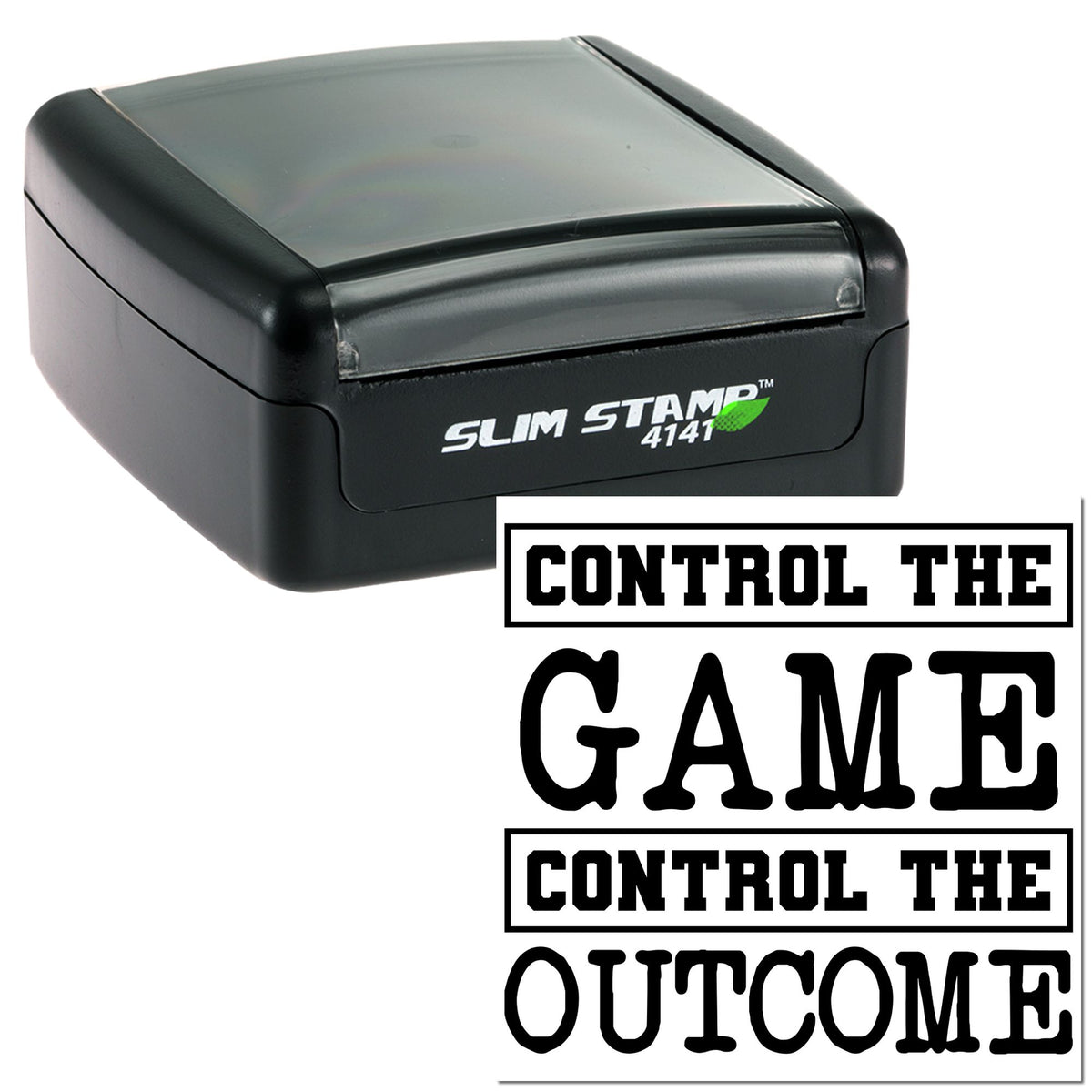 Black slim self-inking stamp with translucent gray cap and bold seal impression reading CONTROL THE GAME.