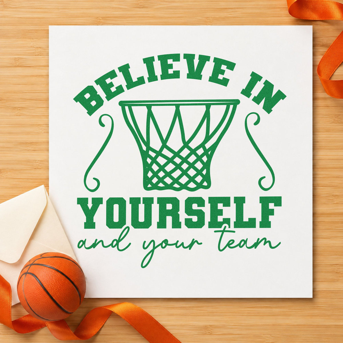 Believe Yourself Your Team craft stamp in green ink on cardstock, an easy option for booster year album page.