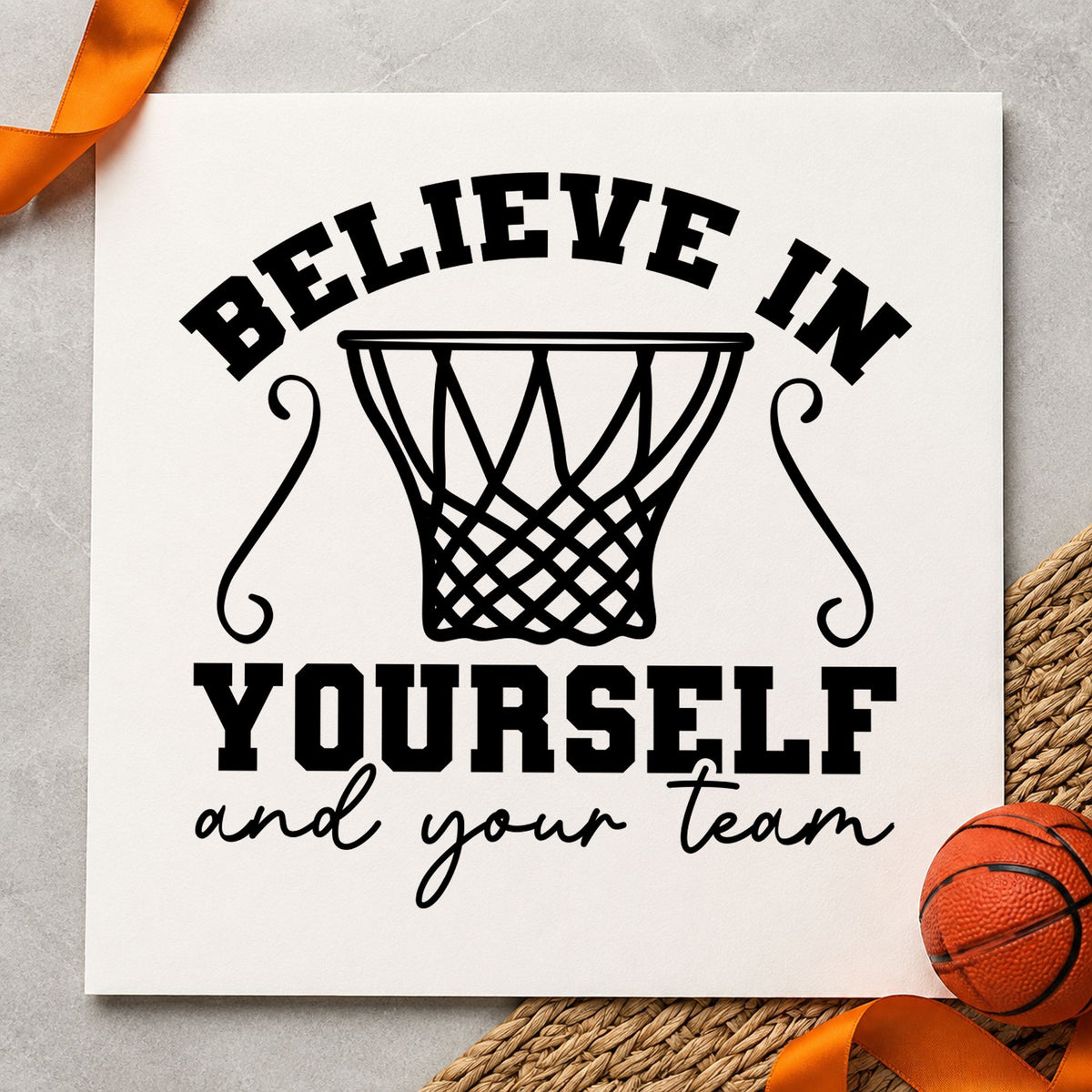 Believe Yourself Your Team craft stamp imprint in black ink on a handmade project, one idea being raffle prize gift tags.