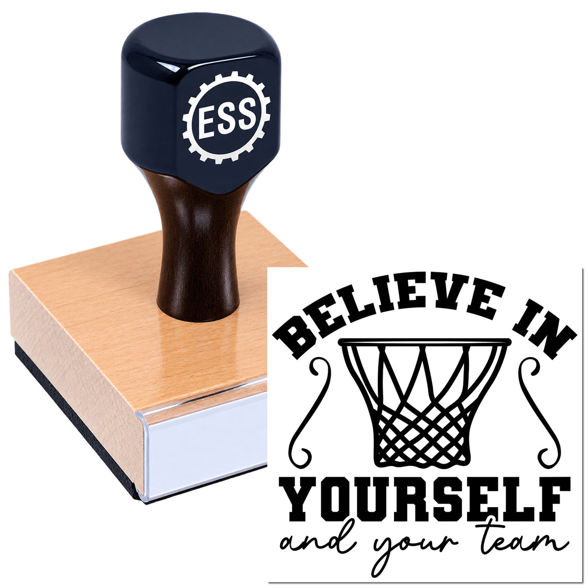 Black rubber stamp on pink seal block with ESS logo and a basketball "Believe in Yourself and Your Team" graphic.