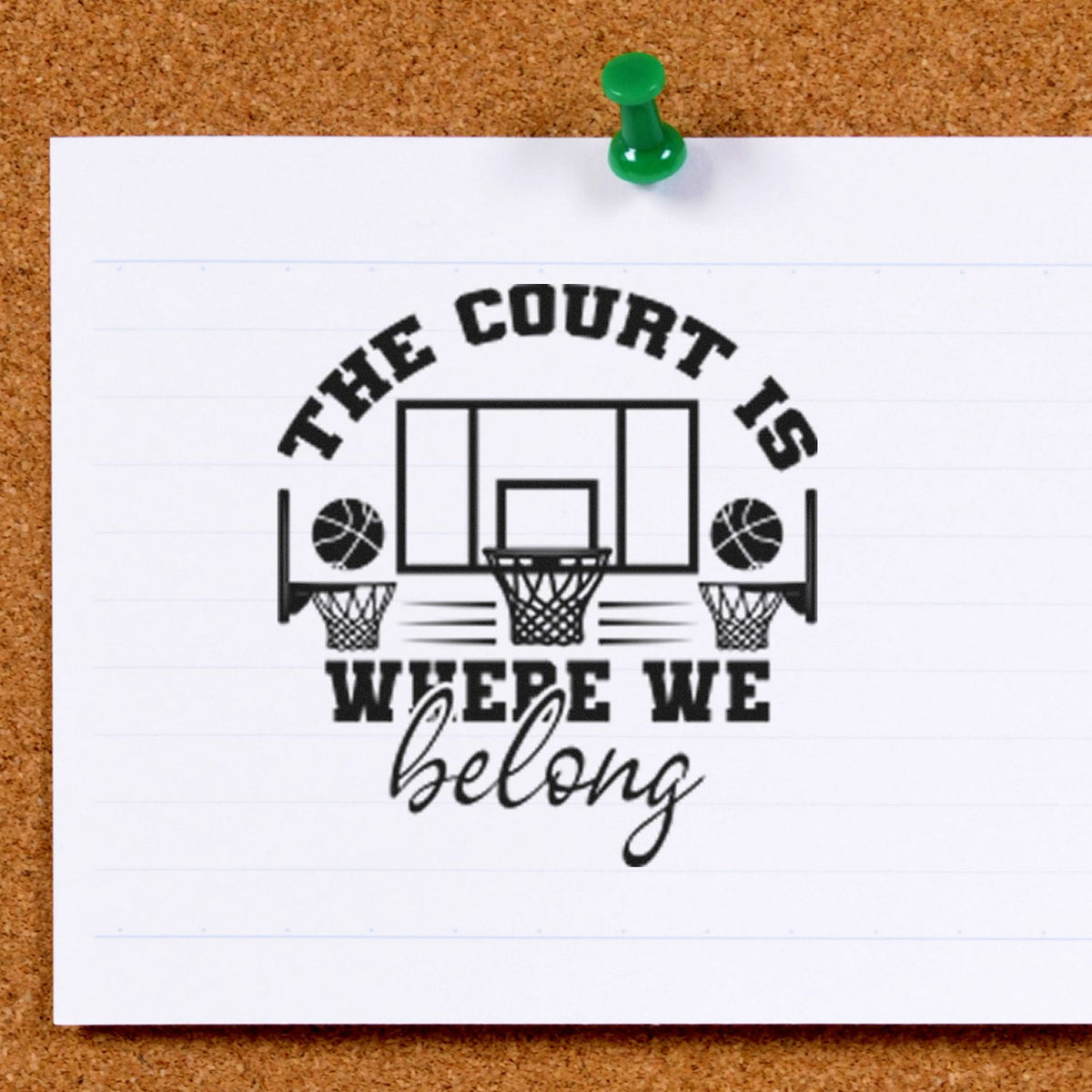 Black basketball court stamp and seal on white paper, with hoops and balls, pinned to corkboard by a green pushpin.