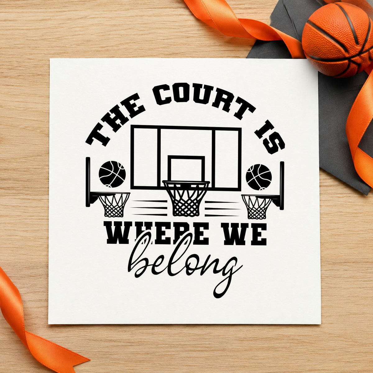 Court Where We Belong craft stamp imprint in black ink on a handmade project, one idea being guest pass gift tags.