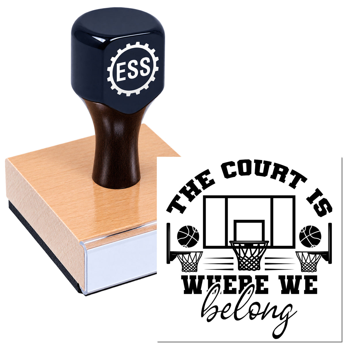 Black custom stamp and seal with ESS logo on a book, featuring a basketball court design and "The Court Is Where We Belong" text.