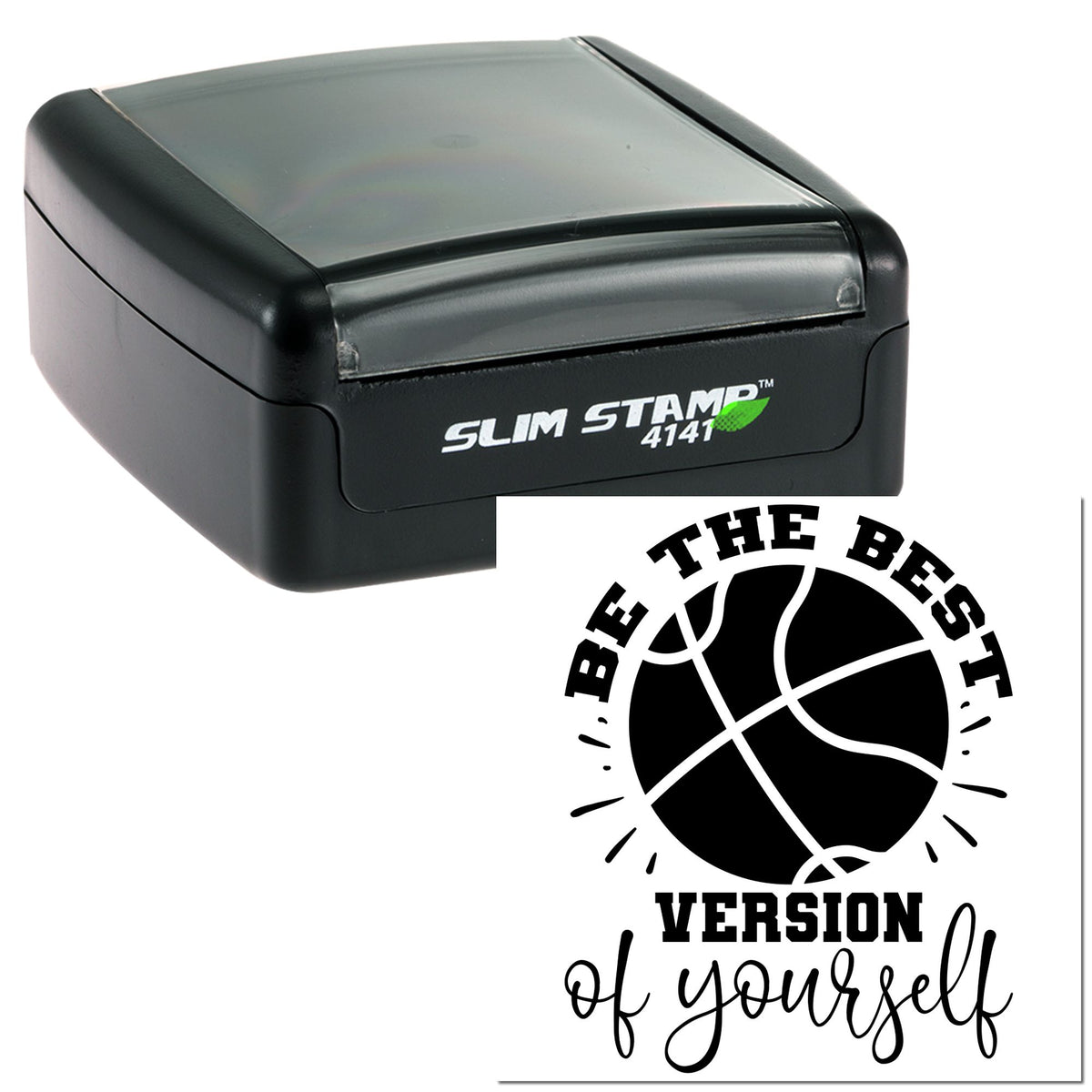 Black Slim Stamp 4141 self-inking stamp with basketball seal design and Be the Best Version of Yourself text.
