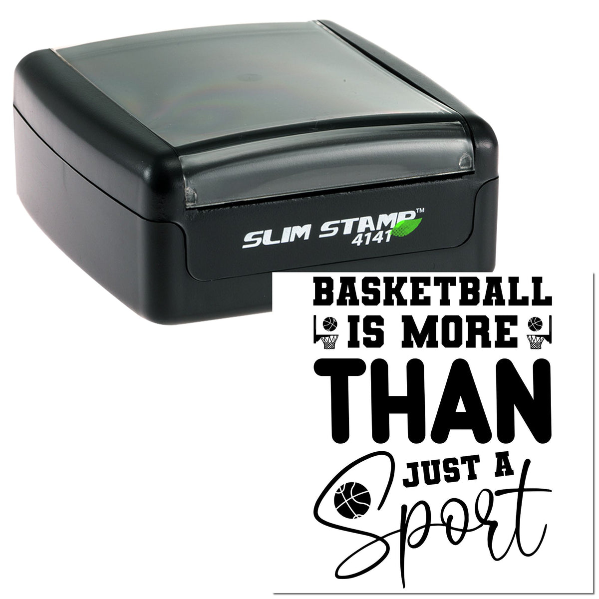 Black slim self-inking stamp and seal with clear lid and basketball quote in bold black text.