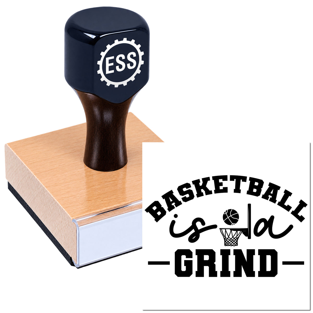 Dark blue ESS custom stamp on wooden block beside black basketball seal reading "Basketball is a grind".