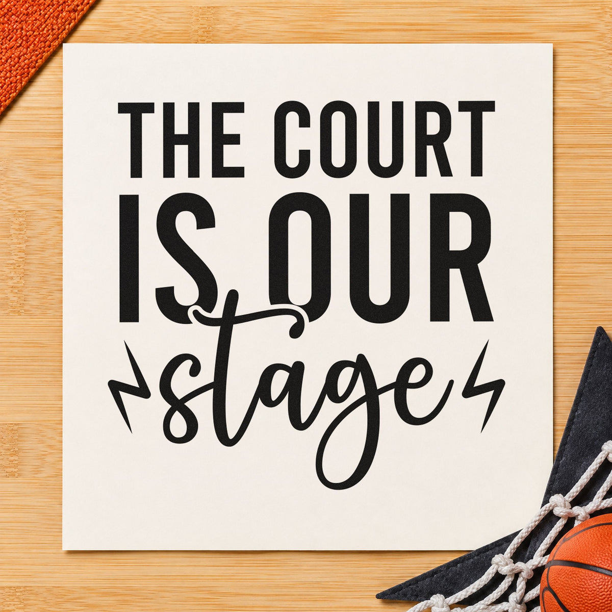 Court Is Our Stage craft stamp imprint in black ink on a handmade project, one idea being spirit gift tags.