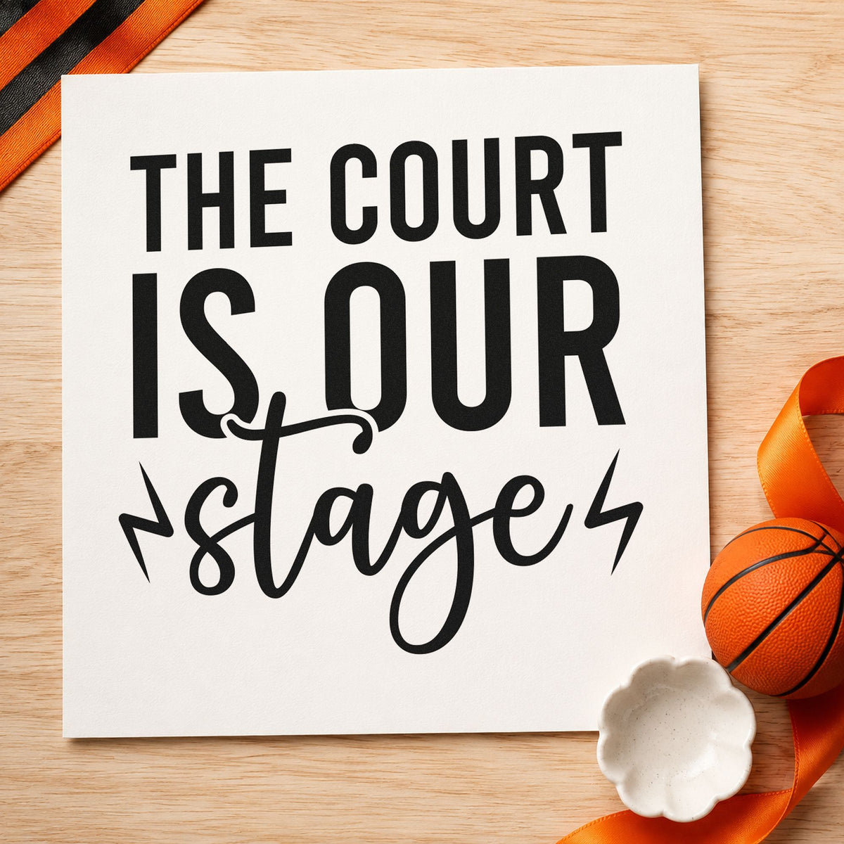 Court Is Our Stage rubber stamp printed in black ink, ready for rally run sheet and similar paper crafts.