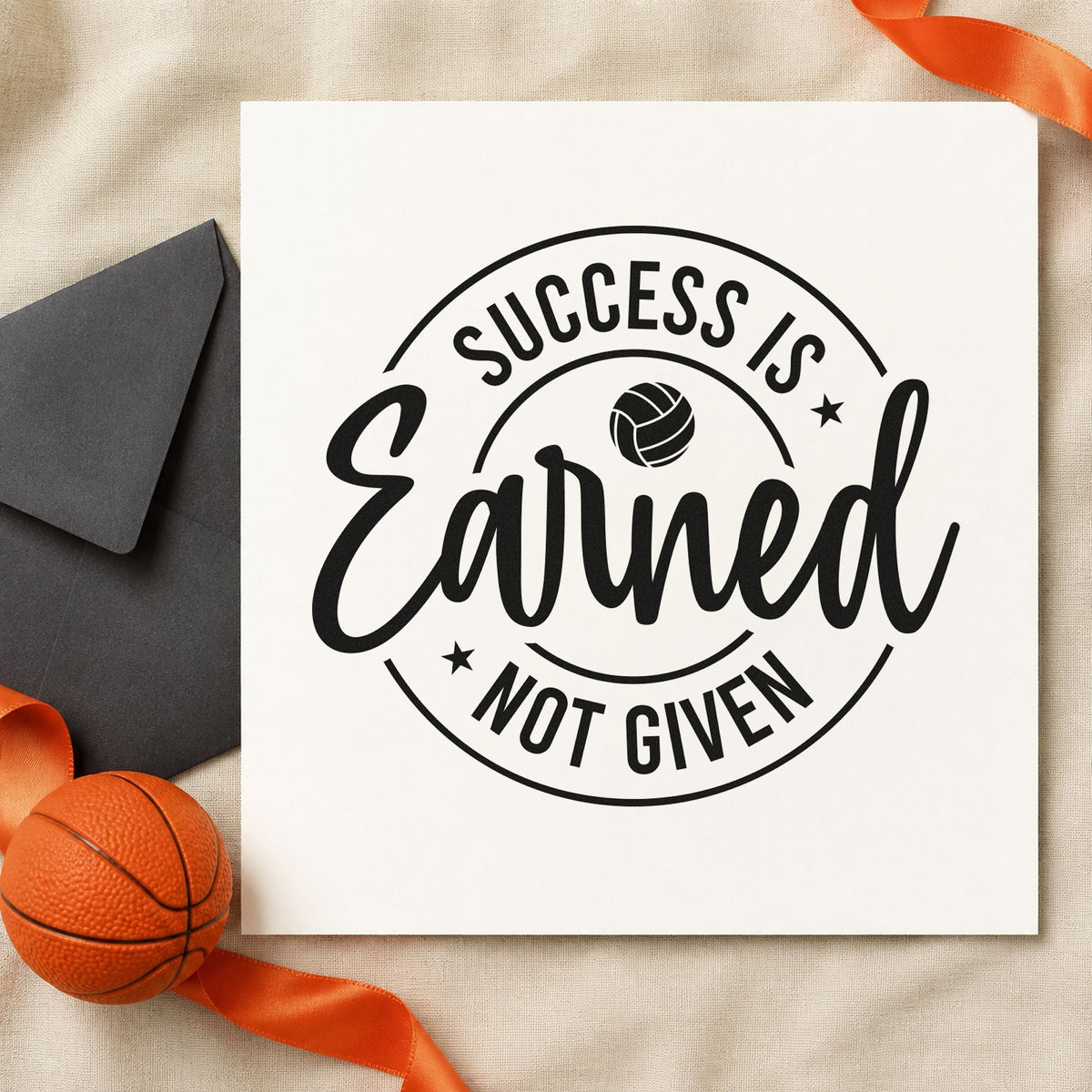 Success Earned Circular Badge craft stamp imprint in black ink on a handmade project, one idea being player kit gift tags.