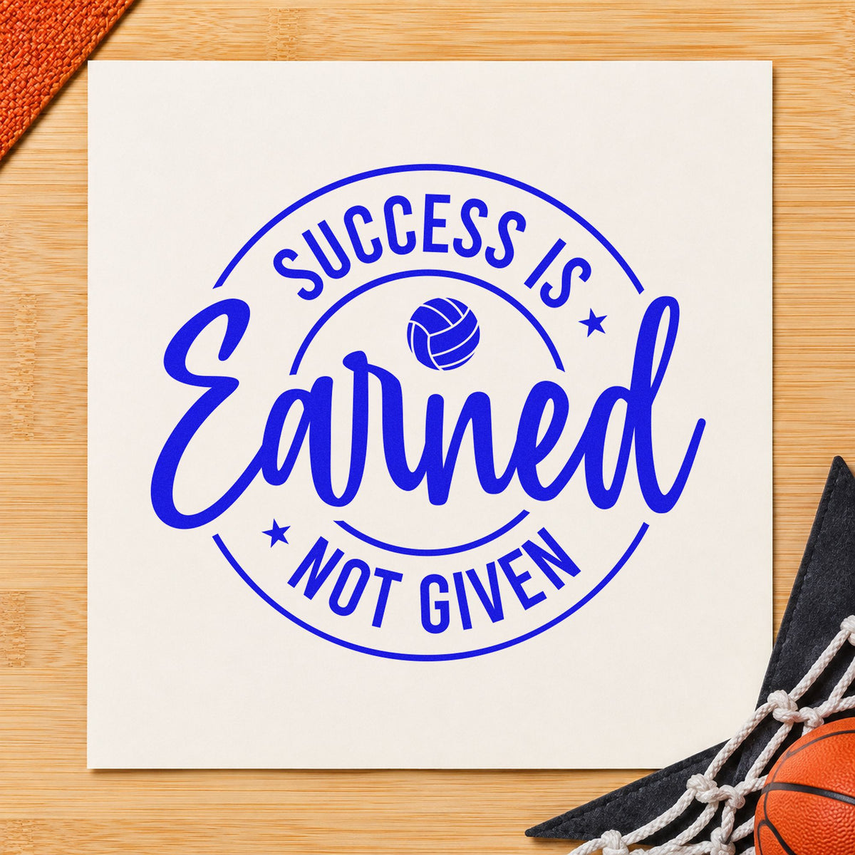 Success Earned Circular Badge craft stamp imprinted in blue ink on paper, a design suited to framed club gym.