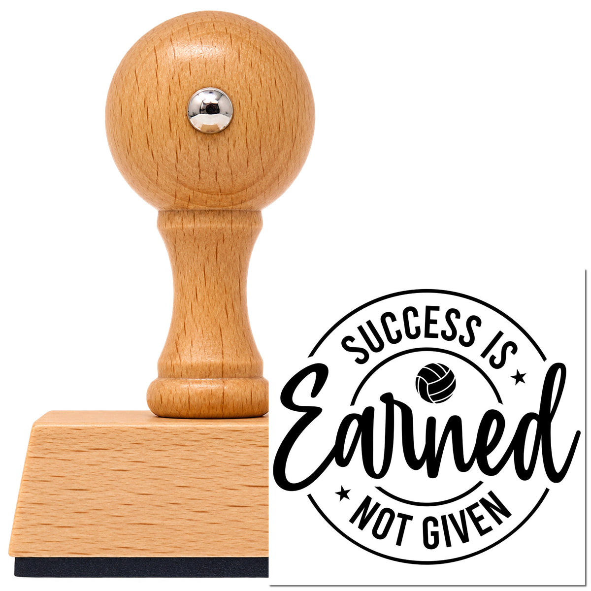 Vintage Pro beech wood stamp with a round knob handle, shown with its black Volleyball Circle With Success Is Earned imprint on white.