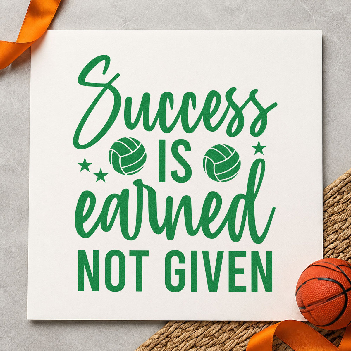 Success Earned Not Given craft stamp imprint in green ink on a handmade project, one idea being rotation note cards.
