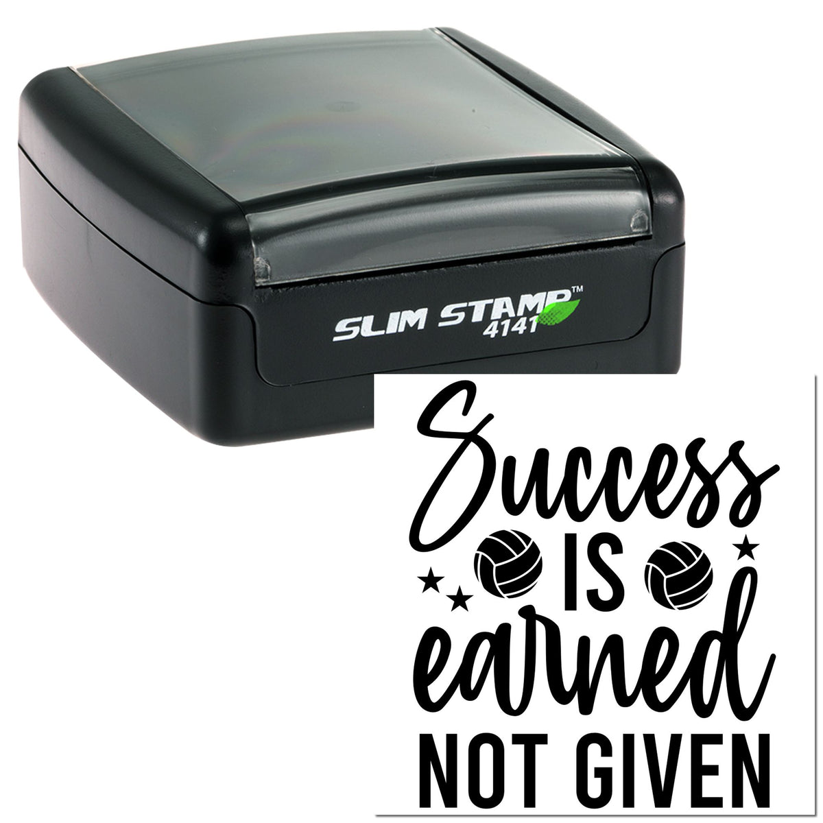 Black Slim Stamp 4141 self-inking stamp with clear cap and custom black seal reading Success is earned not given with stars and volleyballs