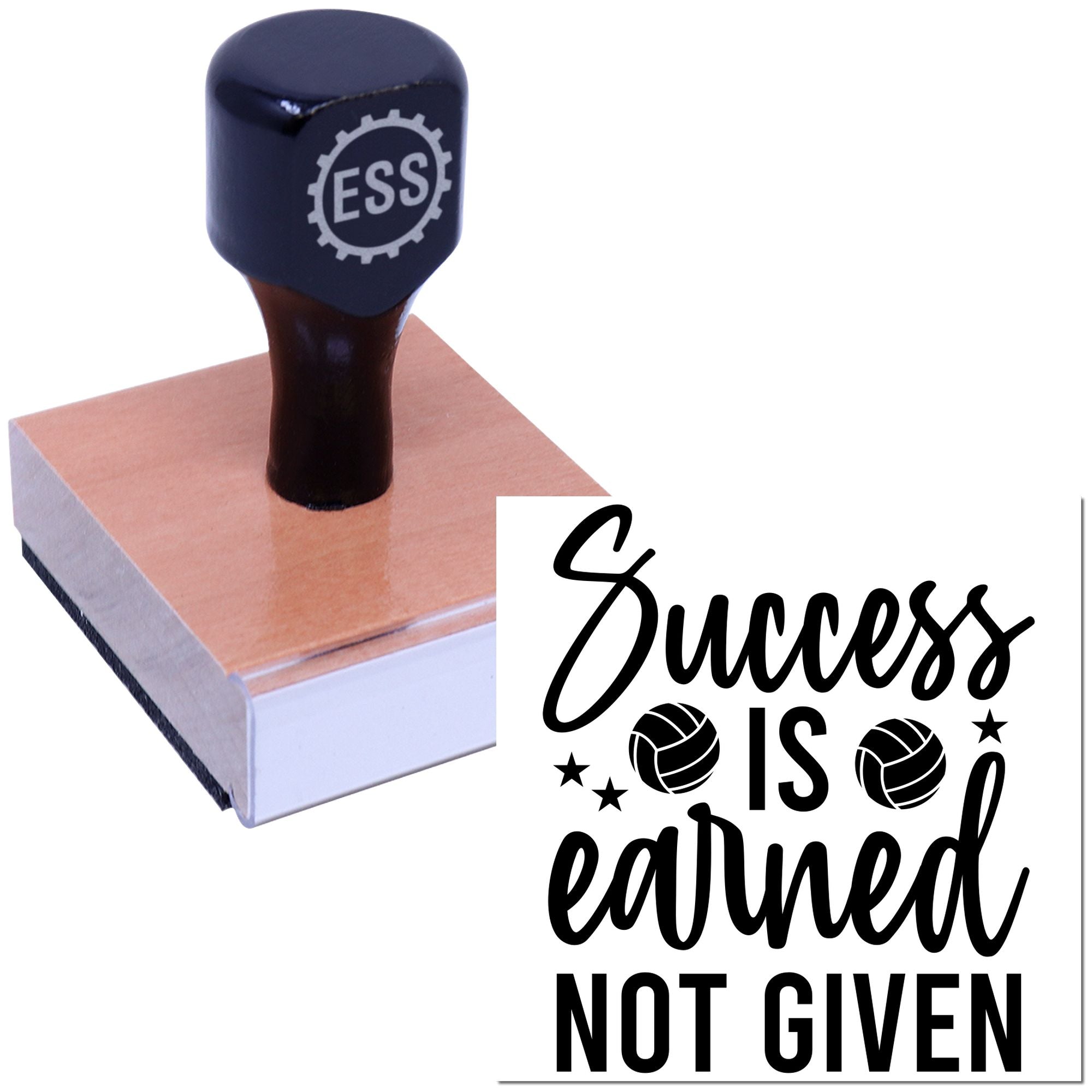 Dark navy ESSI rubber stamp with pink ink pad and black Success is earned not given seal imprint