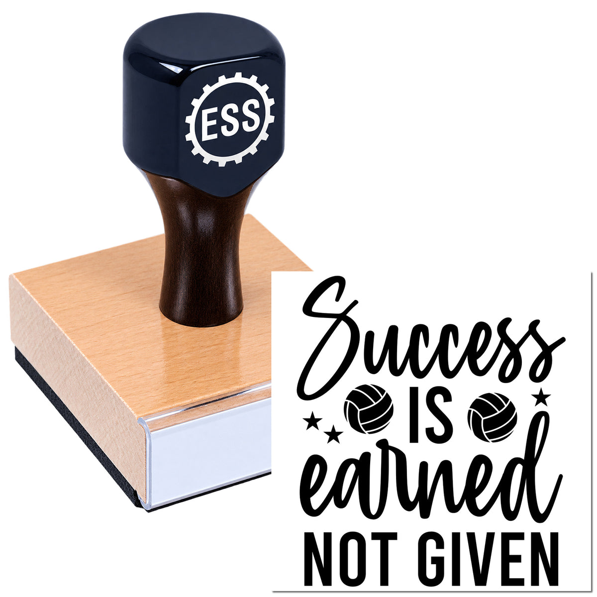 Dark navy ESSI rubber stamp with pink ink pad and black "Success is earned not given" seal imprint