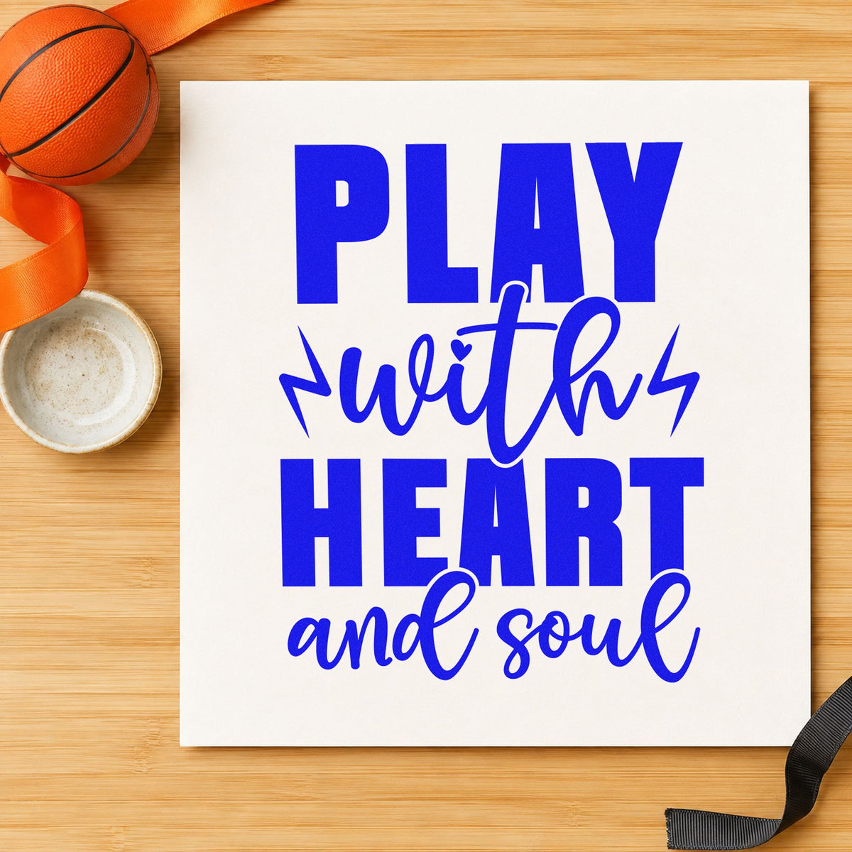Play With Heart Soul craft stamp in blue ink on cardstock, an easy option for warmup top printing.
