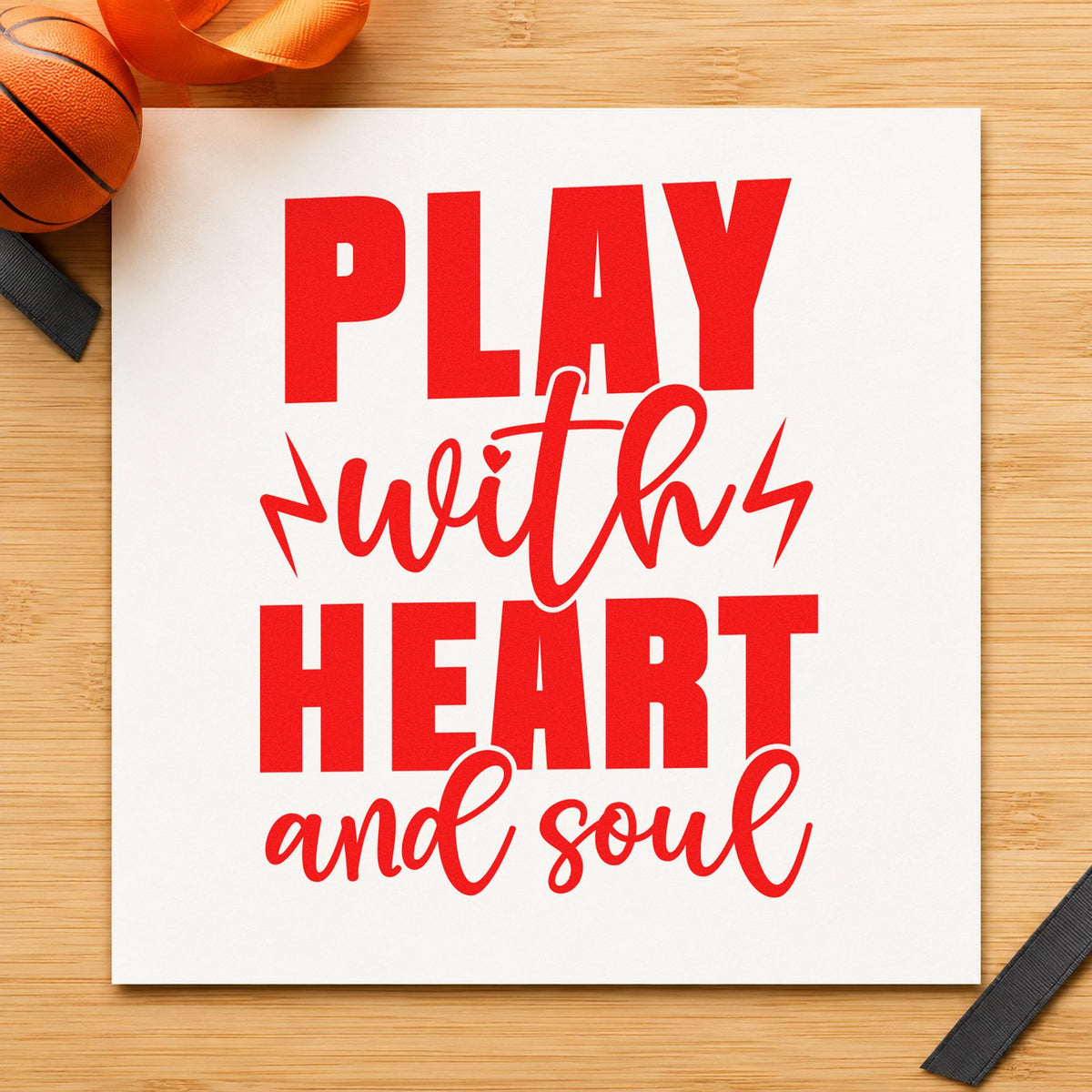 Play With Heart Soul rubber stamp shown in red ink, stamped for projects such as rack net labels.
