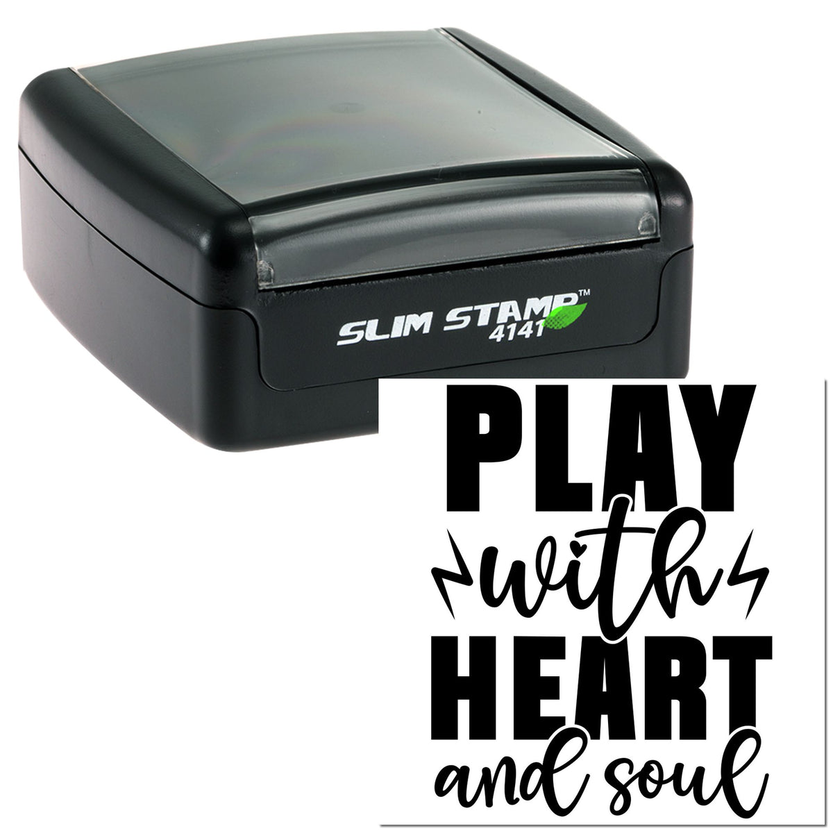 Black slim self-inking stamp and seal with clear cover, beside bold PLAY with heart and soul text on white background.