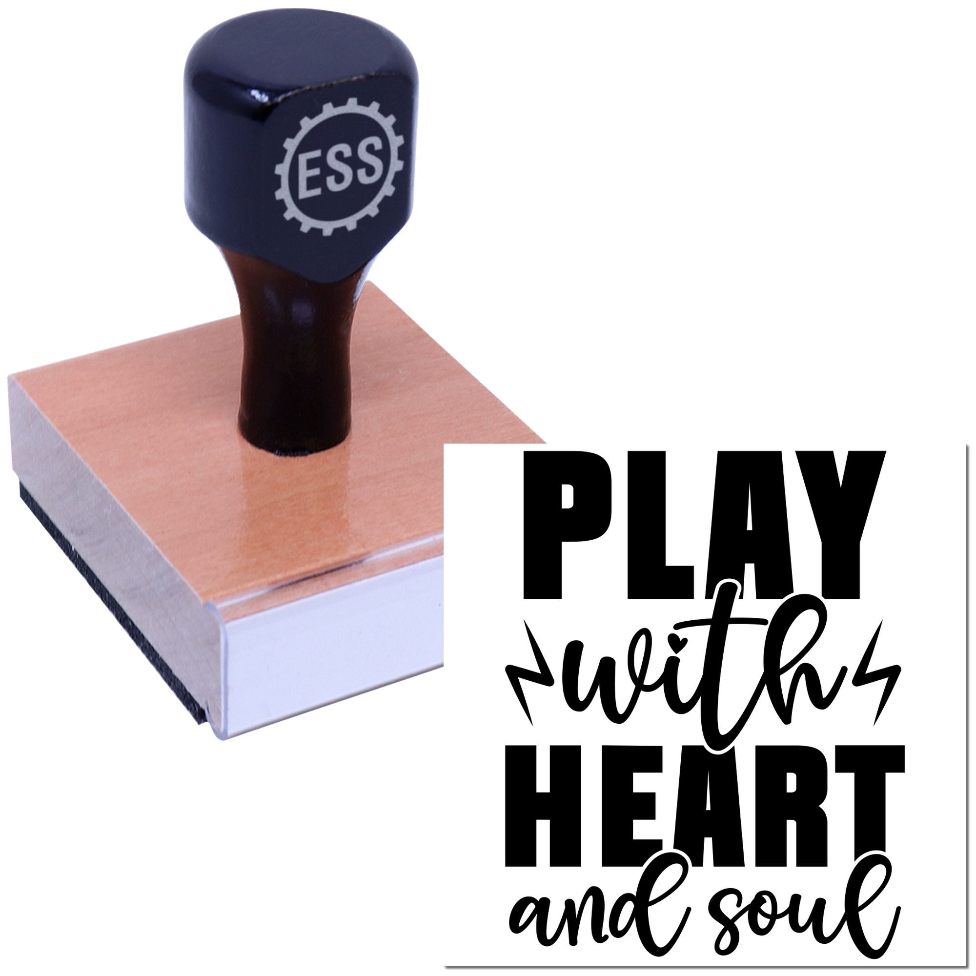 Black ESS stamp and seal on pink wooden block with Play with heart and soul text.