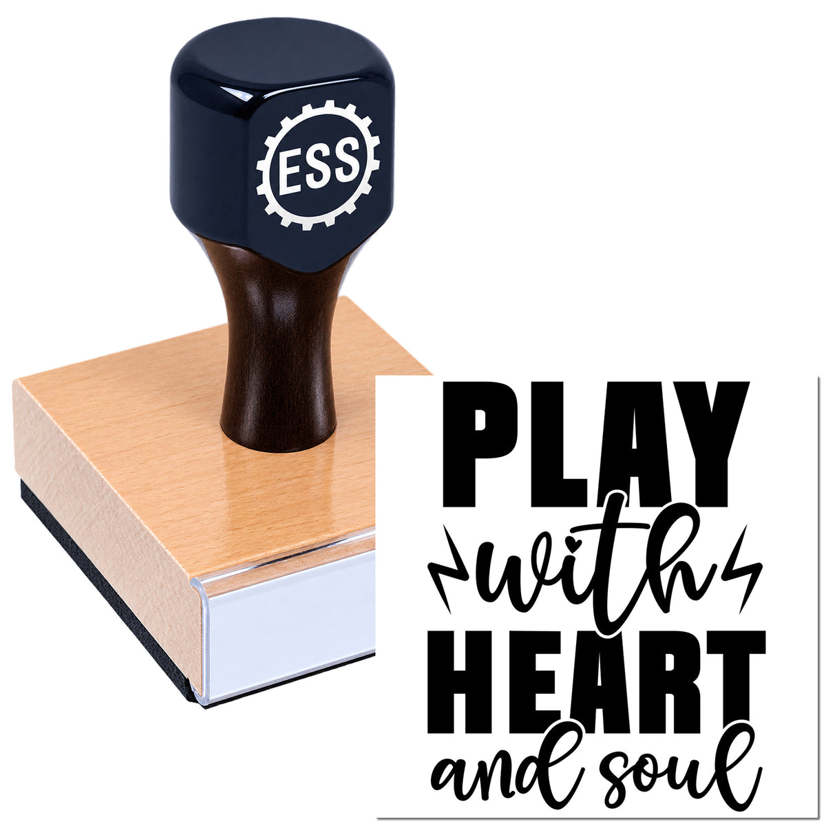 Black ESS stamp and seal on pink wooden block with "Play with heart and soul" text.