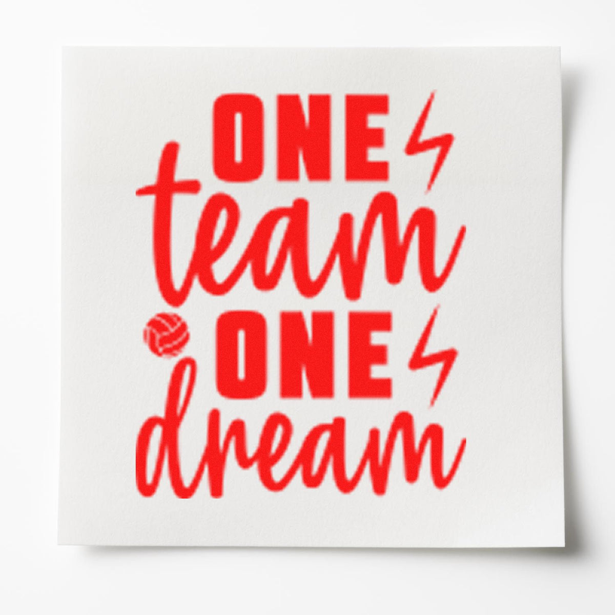 Red stamp-style seal reading ONE team ONE dream with a volleyball icon and lightning bolts on a white background.