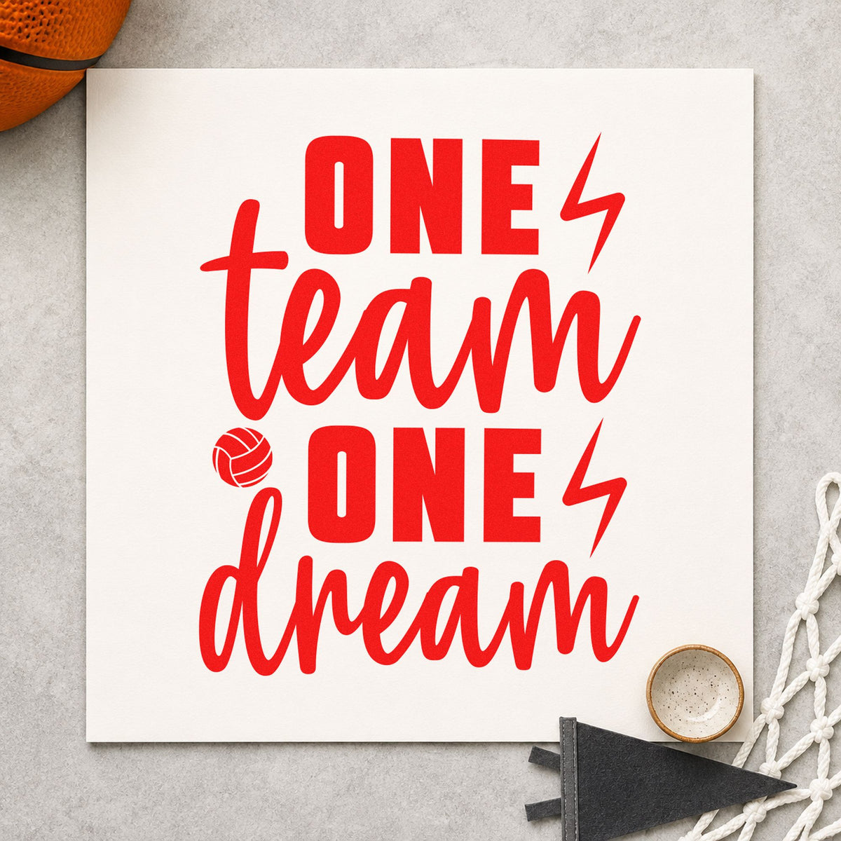 One Team One Dream rubber stamp shown in red ink, stamped for projects such as bin kit labels.